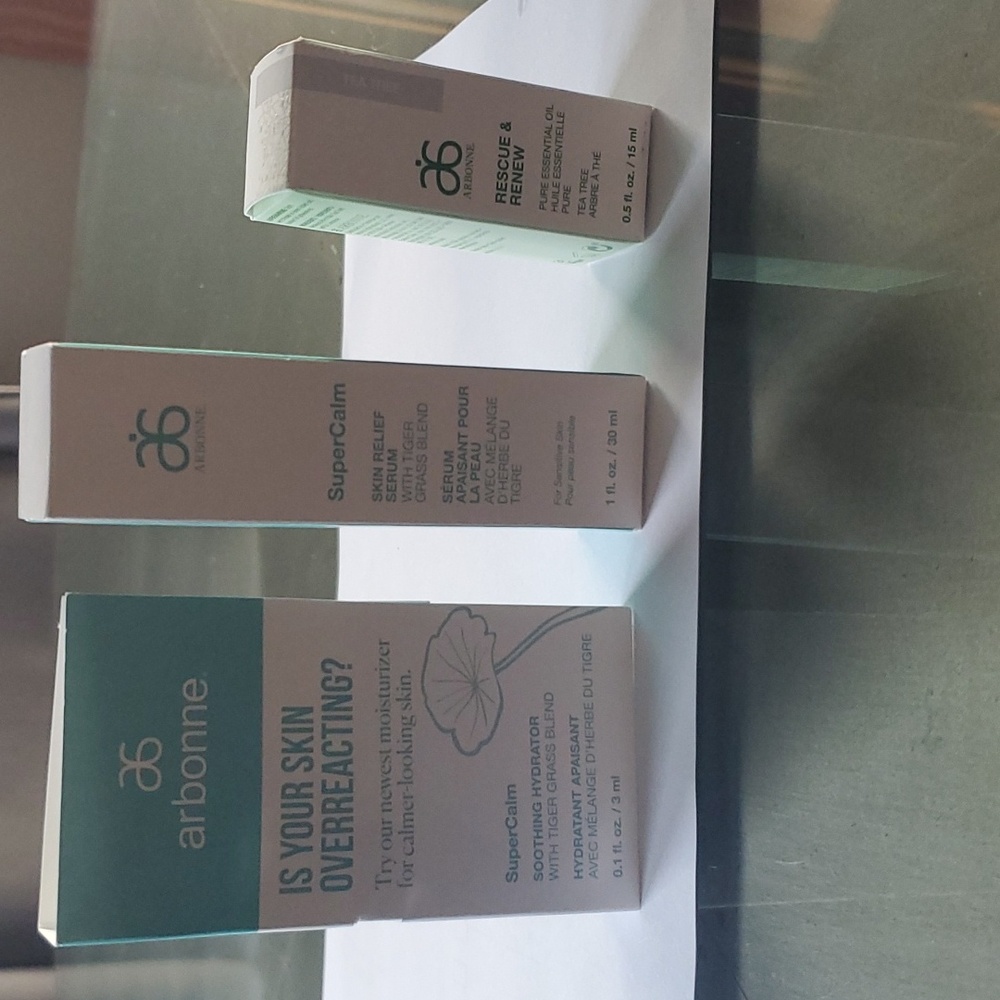 Arbonne Set of : SuperCalm Skin Serum, Soothing Hydrator, Rescue & Renew Oil